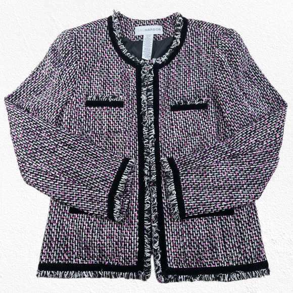 Y2K Sag Harbor Tweed Jacket Black Pink Boucle Fringe Trim Blazer Size 14 - Picture 1 of 11